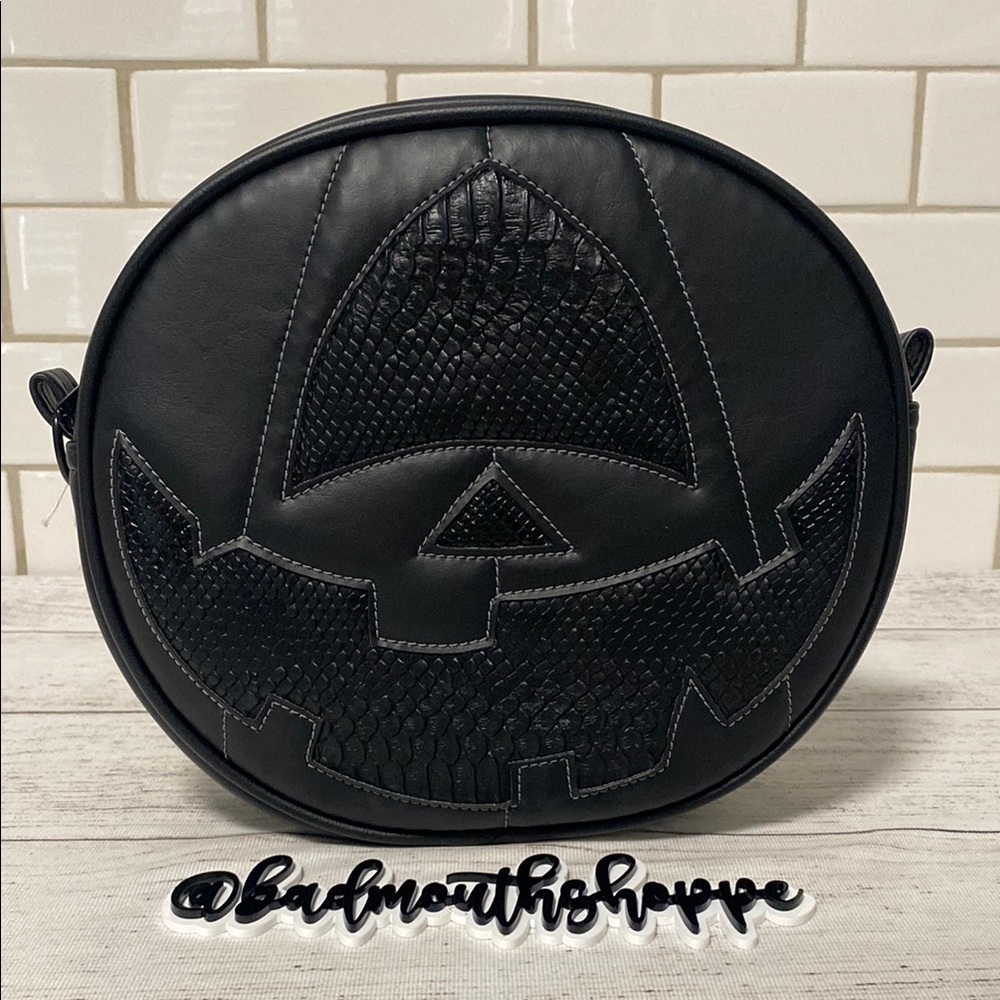 *Love Pain and Stitches Cyclops Black on Black Croc Halloween Pumpkin Purse